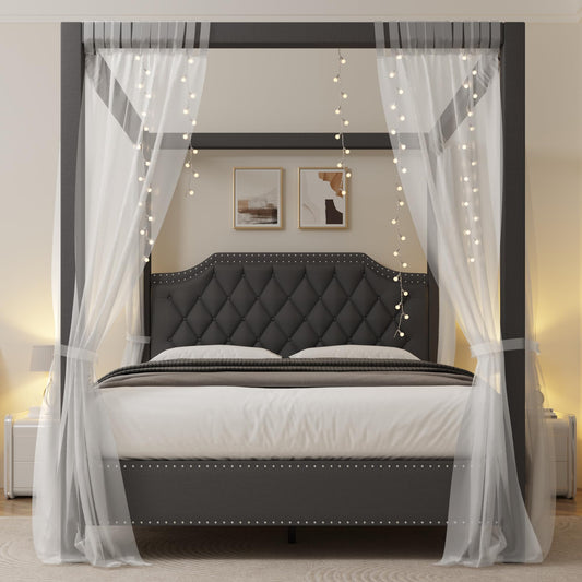 GarveeHome Upholstered Canopy Bed Frame Queen Size with headboard, Button Tufted, Nailhead Trim Design, No Box Spring Required, Gray