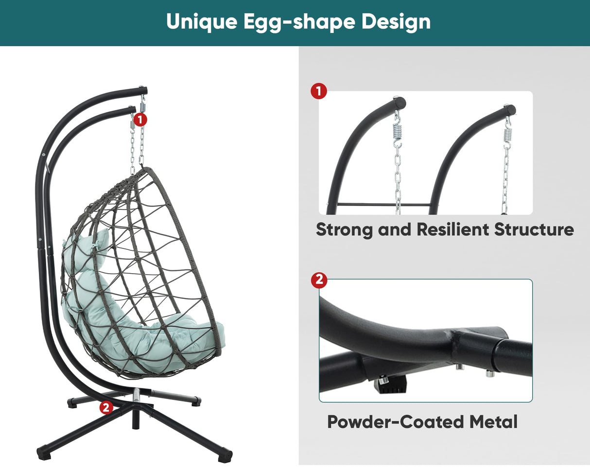 JOYBASE Double Swing Egg Chair with Stand, 2-Person Hanging Egg Chair Wicker Rattan Oversized Swinging Chair for Outdoor Indoor Garden Patio (Light Blue) JOYBASE