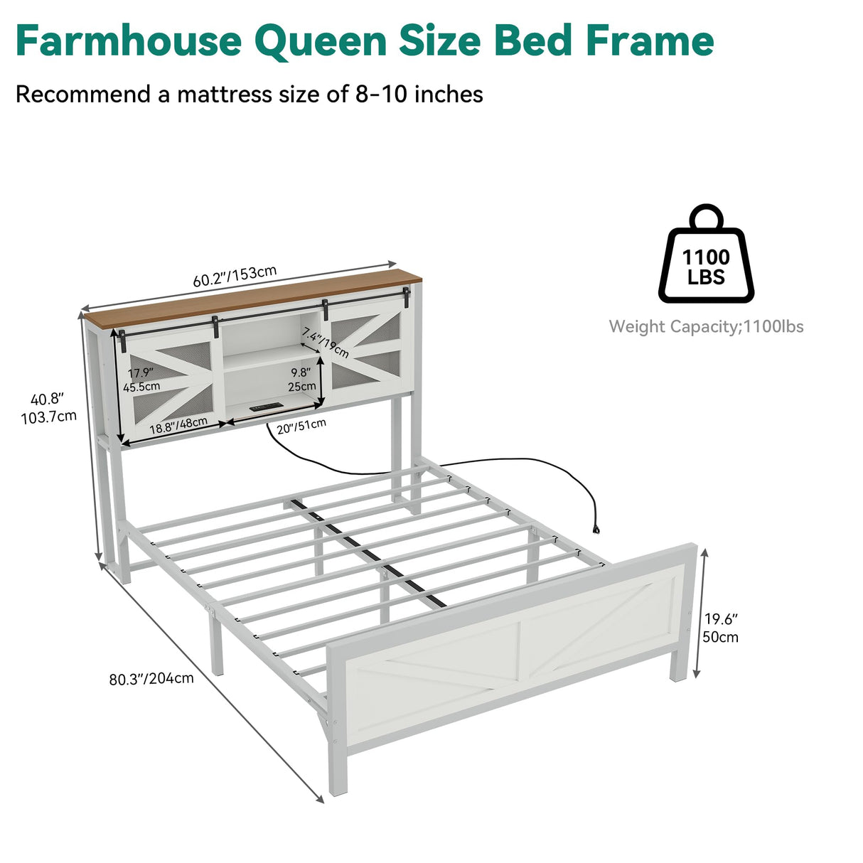 YITAHOME Farmhouse Queen Size Bed Frame with Headboard, Bookcase Storage Shelves, Sliding Grid Barn Door, Charging Station, Rustic Wood Platform Bed, No Box Spring Needed, White YITAHOME