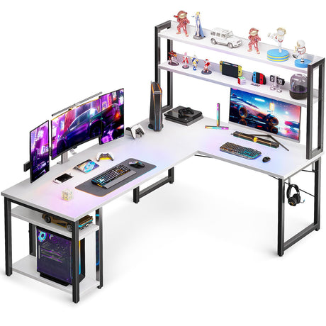 ODK L Shaped Gaming Desk with Hutch, Computer Desk with Storage Shelves, 66" L Shaped Desk for Home Office, Corner Desk with Headphone Hook, White ODK