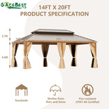 GAZEBEST 14' X 20' Hardtop Gazebo Outdoor Aluminum Patio Gazebo Double Roof Galvanized Steel Gazebo Canopy Wooden Finish Coated with Netting and Curtains,for Garden Patio,Patio Backyard,Deck and Lawns GAZEBEST