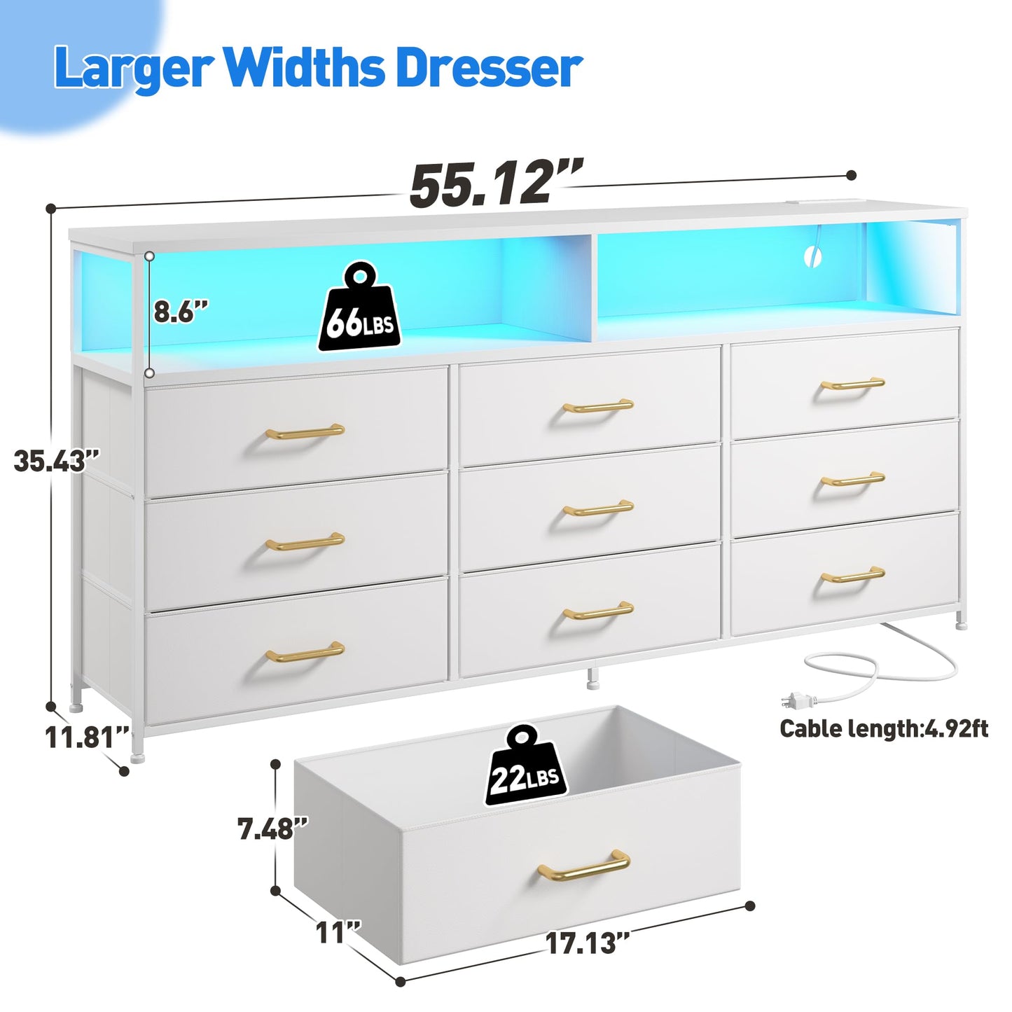 EnHomee 55” W Dresser, White Dresser for Bedroom with Power Outlet & LED Lights for 65" TV Stand for Bedroom Dresser with 9 Fabric Drawers, Sturdy Dressers for Bedroom, Closet, Entryway - WoodArtSupply