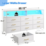 EnHomee 55” W Dresser, White Dresser for Bedroom with Power Outlet & LED Lights for 65" TV Stand for Bedroom Dresser with 9 Fabric Drawers, Sturdy Dressers for Bedroom, Closet, Entryway EnHomee