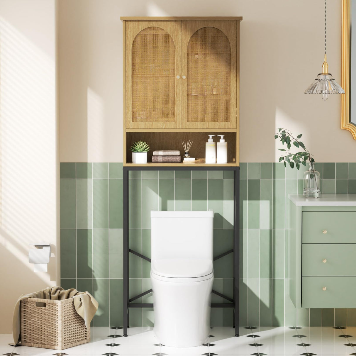 Rattan Toilet Storage Cabinet, Over the Rack Wood Cabinet with Metal Stand, Bathroom Organizer with Adjustable Shelf, Tall Freestanding Washer Shelf, Small Cupboard, Space Saver, Natural style Befrases