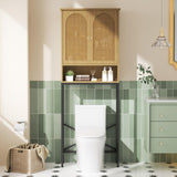 Rattan Toilet Storage Cabinet, Over the Rack Wood Cabinet with Metal Stand, Bathroom Organizer with Adjustable Shelf, Tall Freestanding Washer Shelf, Small Cupboard, Space Saver, Natural style Befrases