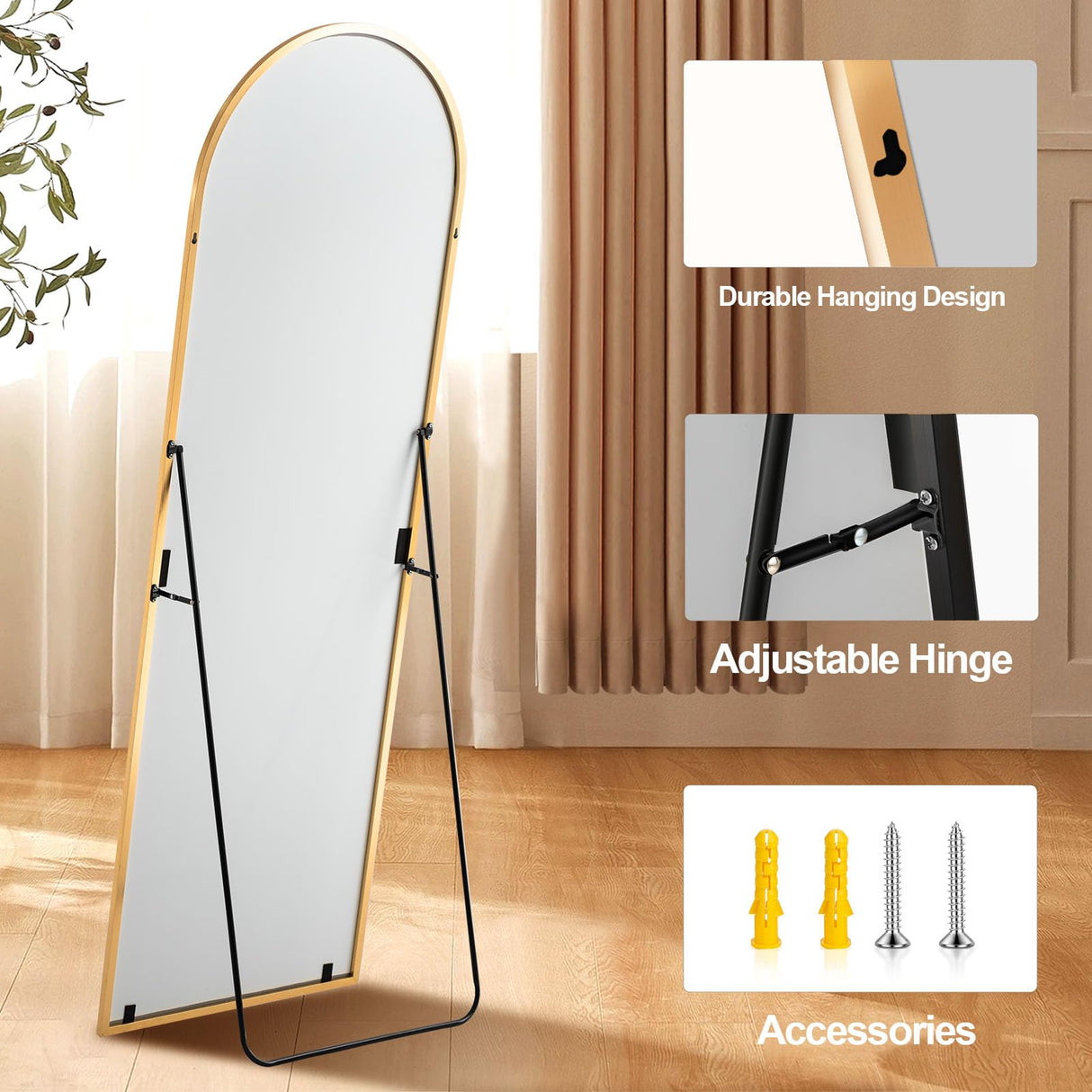 GlasFlength 58"x18" Arched Full Length Mirror, Elegant Full Body Mirror with Stand for Bedroom & Cloakroom, Gold GlasFlength