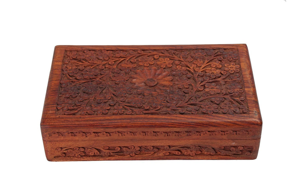 Deco 89 Multipurpose Handcrafted with Floral Carvings Antique Finished Wooden Jewellery Box Organiser, 8 x 5, Brown storeindya