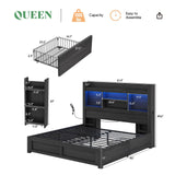AMERLIFE Black Queen Bed Frame with 4 Storage Drawers, LED Bookcase Headboard and Charging Station AMERLIFE