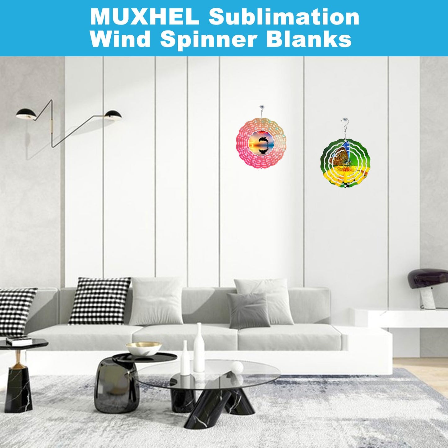 MUXHEL 10 Pcs 3” Sublimation Wind Spinner Blanks with 10 Hooks, 3D Aluminum Wind Spinner Hanging, Round Wind Powered Kinetic Sculpture for Indoor and Outdoor Decoration