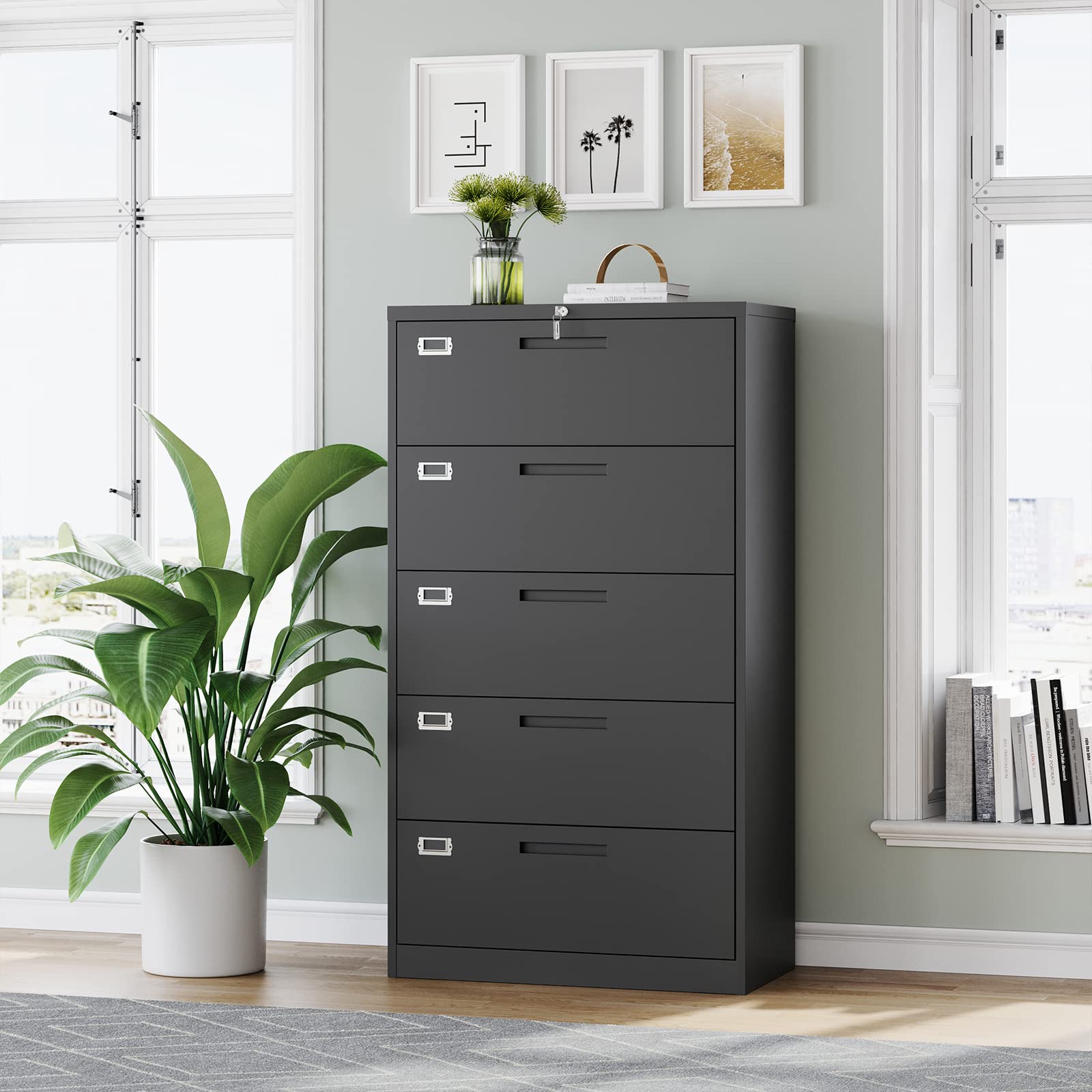 MIIIKO Lateral File Cabinet with Lock, 5 Drawer Metal File Cabinets 35.4" Wide, Home Office Locking Filing Cabinets for Legal Letter File Folders - WoodArtSupply