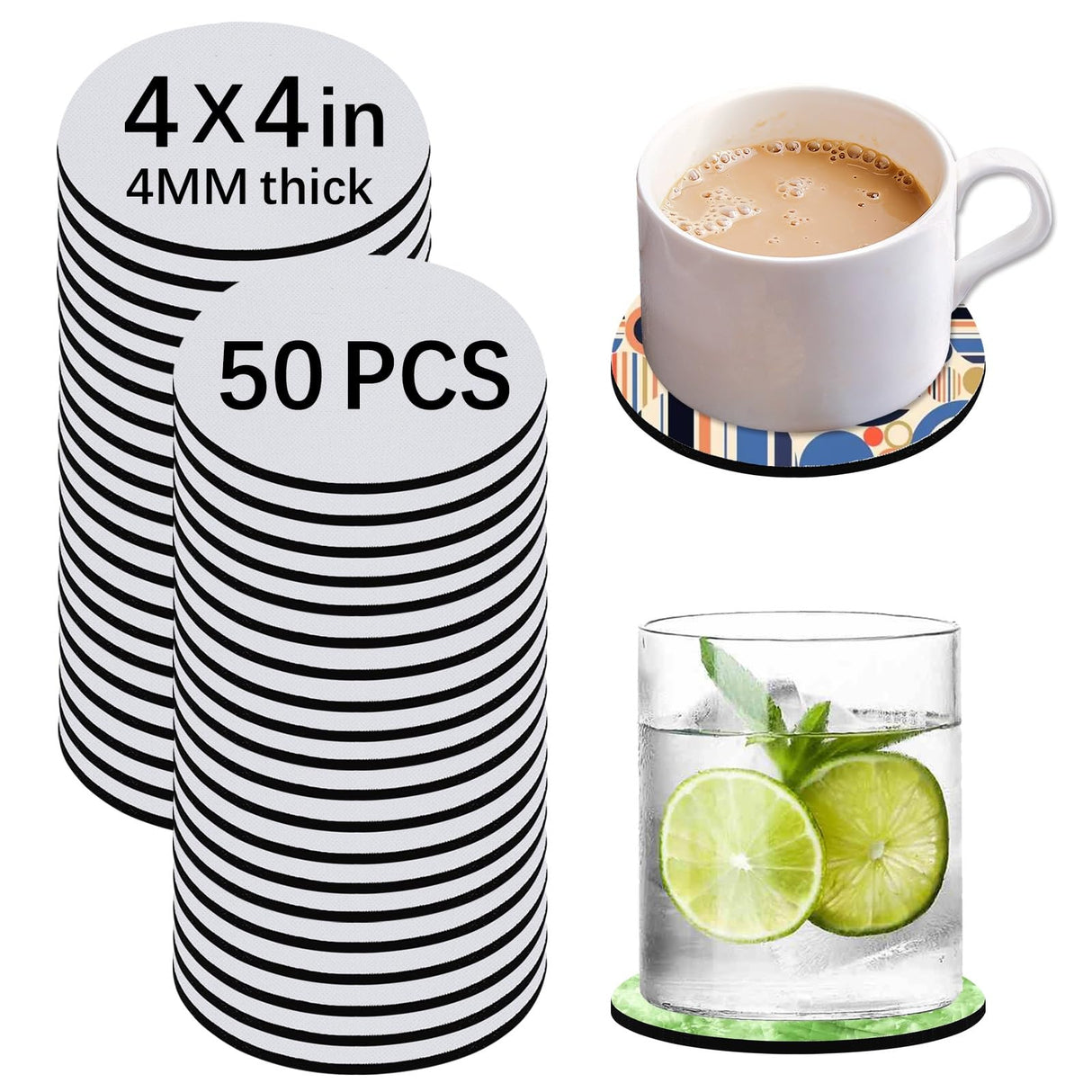 50 PCS Sublimation Blank Cup Coasters Bulk, 4x4 Inch Round Blank Cup Mat Rubber for Sublimation Transfer Heat Press Printing DIY Crafts OKBA