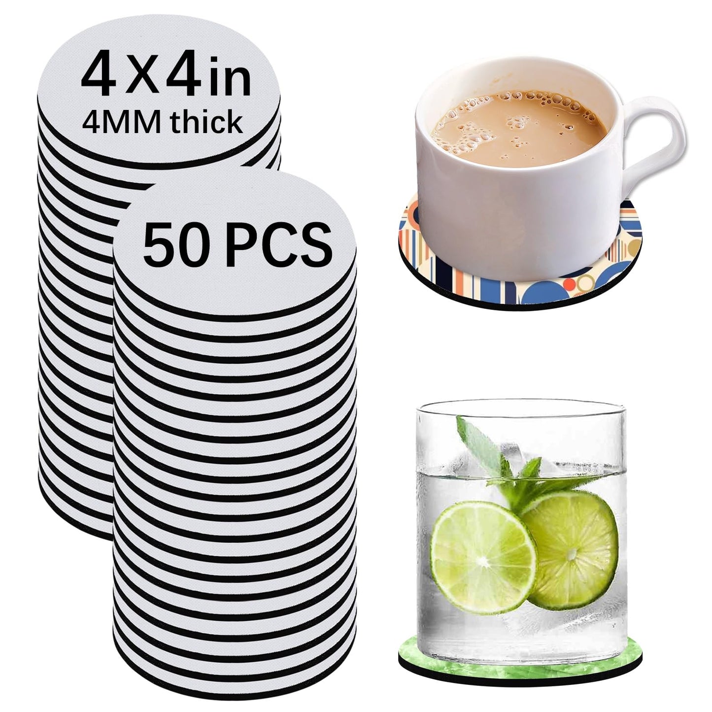 50 PCS Sublimation Blank Cup Coasters Bulk, 4x4 Inch Round Blank Cup Mat Rubber for Sublimation Transfer Heat Press Printing DIY Crafts