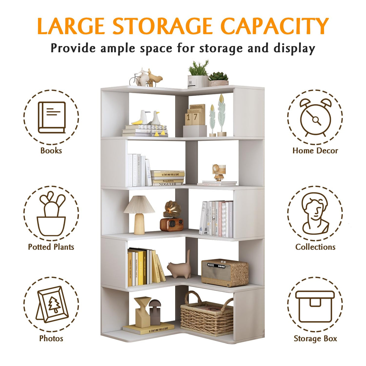 IOTXY 6-Tier L-Shaped Corner Bookshelf - 66" Tall Wooden Freestanding Bookcase with Open Shelf Units, White IOTXY