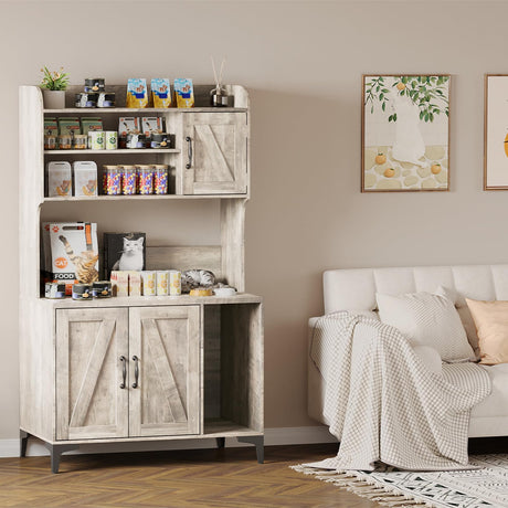 Large Cat Litter Box Enclosure Furniture with 3 Open Shelves and Storage Cabinet, Farmhouse Cat House Washroom with Scratch Pad, Modern Wood Pet House Side End Table for Livingroom Bedroom Doppeltcharms