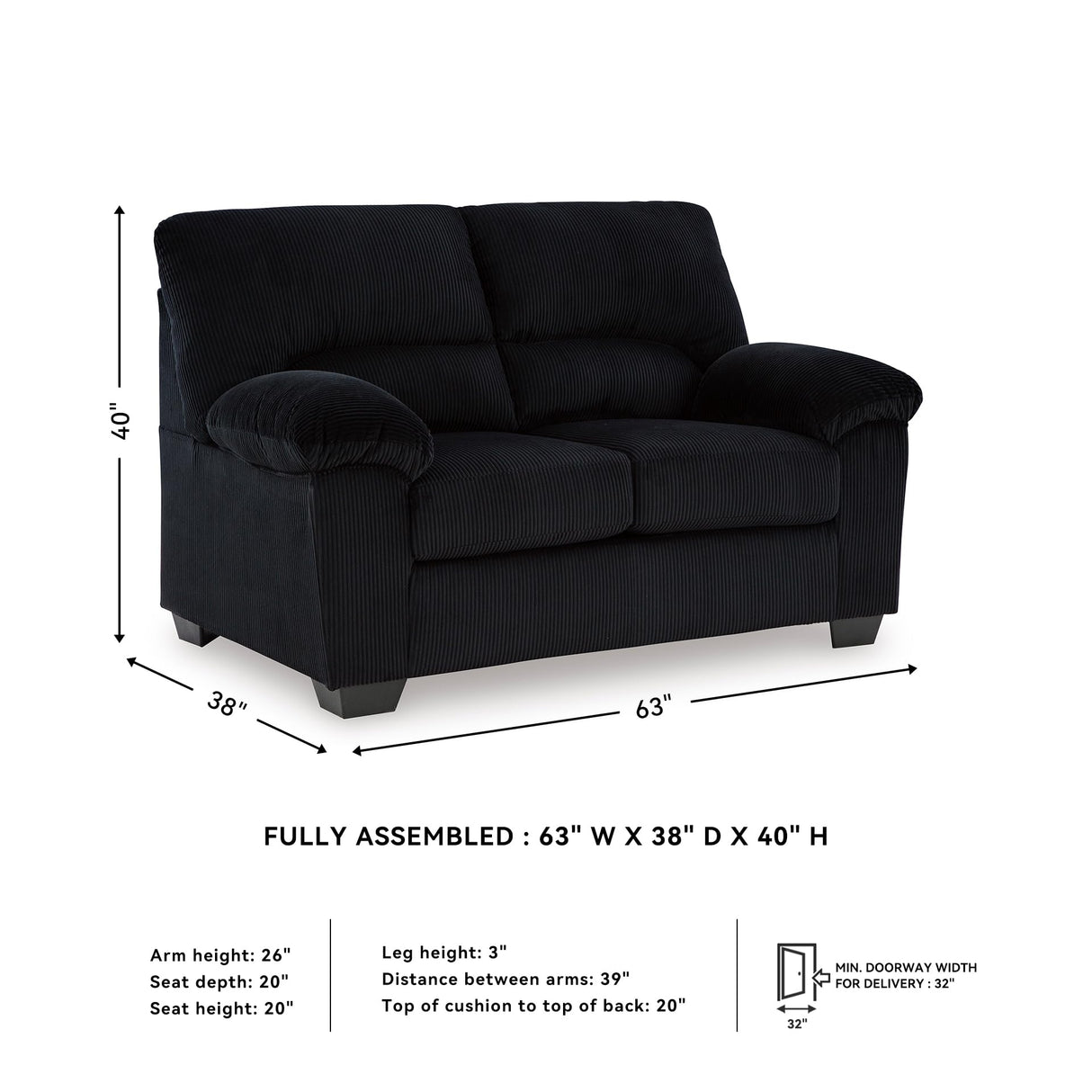Signature Design by Ashley SimpleJoy Modern Loveseat for Living Room, Black Signature Design by Ashley