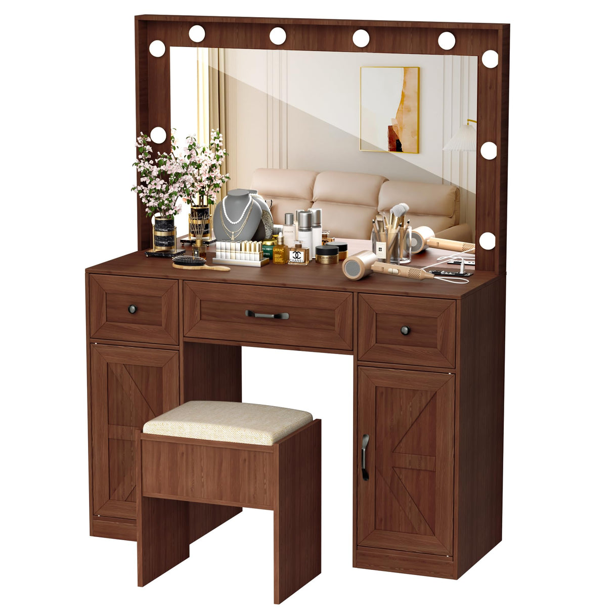 Crownland Vanity with Lighted Mirror, Makeup Vanity Table Set with Drawers and Charging Station, Vanity Desk with 3 Adjustable Lighting Modes and Stool Set(Brown) Crownland
