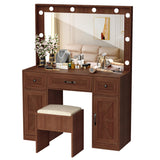 Crownland Vanity with Lighted Mirror, Makeup Vanity Table Set with Drawers and Charging Station, Vanity Desk with 3 Adjustable Lighting Modes and Stool Set(Brown) Crownland