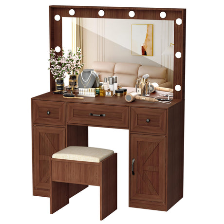 Crownland Vanity with Lighted Mirror, Makeup Vanity Table Set with Drawers and Charging Station, Vanity Desk with 3 Adjustable Lighting Modes and Stool Set(Brown) Crownland