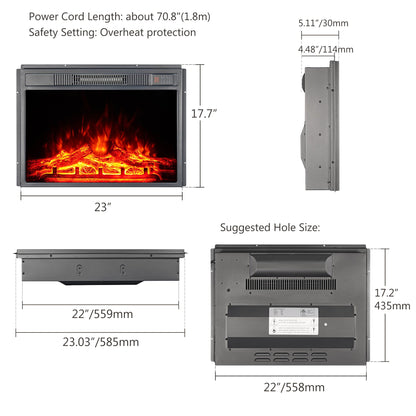 23" Electric Fireplace Insert 1500W Stove Heater for TV Stand with Recessed Mounted Flame LED Logs, Timer Setting, Remote Control Fireplace Heater, Adjustable Flame Color Brightness (Black)