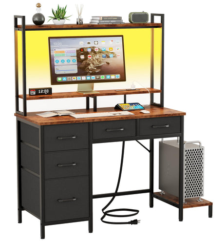 Computer Desk with Hutch, Gaming Desk with Power Outlets & LED Ligthts & 5 Fabric Drawers, Home Office Desk with 2 Tiers Storage Shelves for Display, 39" PC Gamer Table for Bedroom, Rustic Brown Korfile
