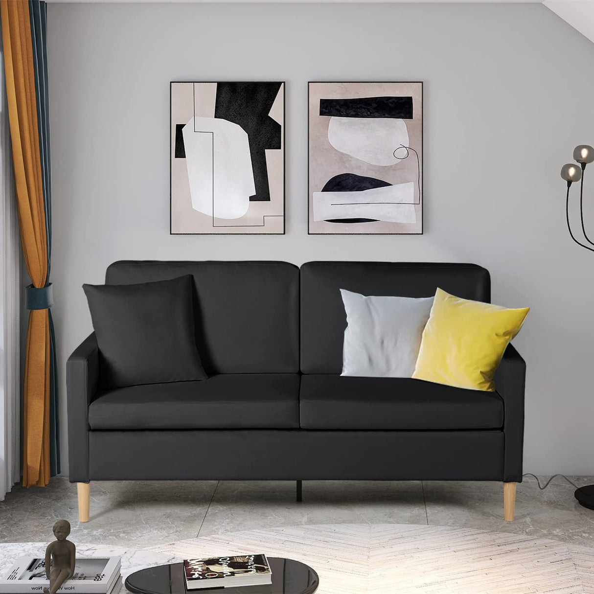 AILEEKISS 66" W Loveseat Sofa with 2 USB Mid Century Modern Love Seats PU Leather Furniture Tufted Upholstered Love Seat Couch for Living Room Office Apartment Bedroom (3-Seater, Black) AILEEKISS