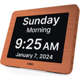 Robin Clock 2024 with Day and Date for Elderly, Clocks for Seniors, Dementia Clock, Digital Calendar Clock Elderly, Bedside Clocks Seniors, Alzheimers Products, Dementia Clocks Extra Large, Brown Wood Robin