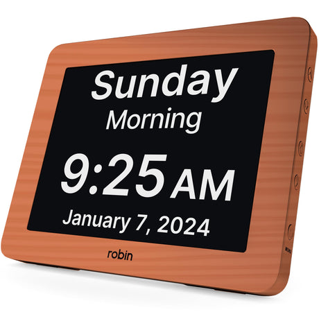 Robin Clock 2024 with Day and Date for Elderly, Clocks for Seniors, Dementia Clock, Digital Calendar Clock Elderly, Bedside Clocks Seniors, Alzheimers Products, Dementia Clocks Extra Large, Brown Wood Robin