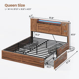 VIAGDO Farmhouse Queen Bed Frame with Headboard and Double Barn Door Storage Cabinets, Rustic Wooden Bed Frame Queen Size with Charging Station, 4 Drawers and LED Lights, No Box Spring Needed, Brown VIAGDO
