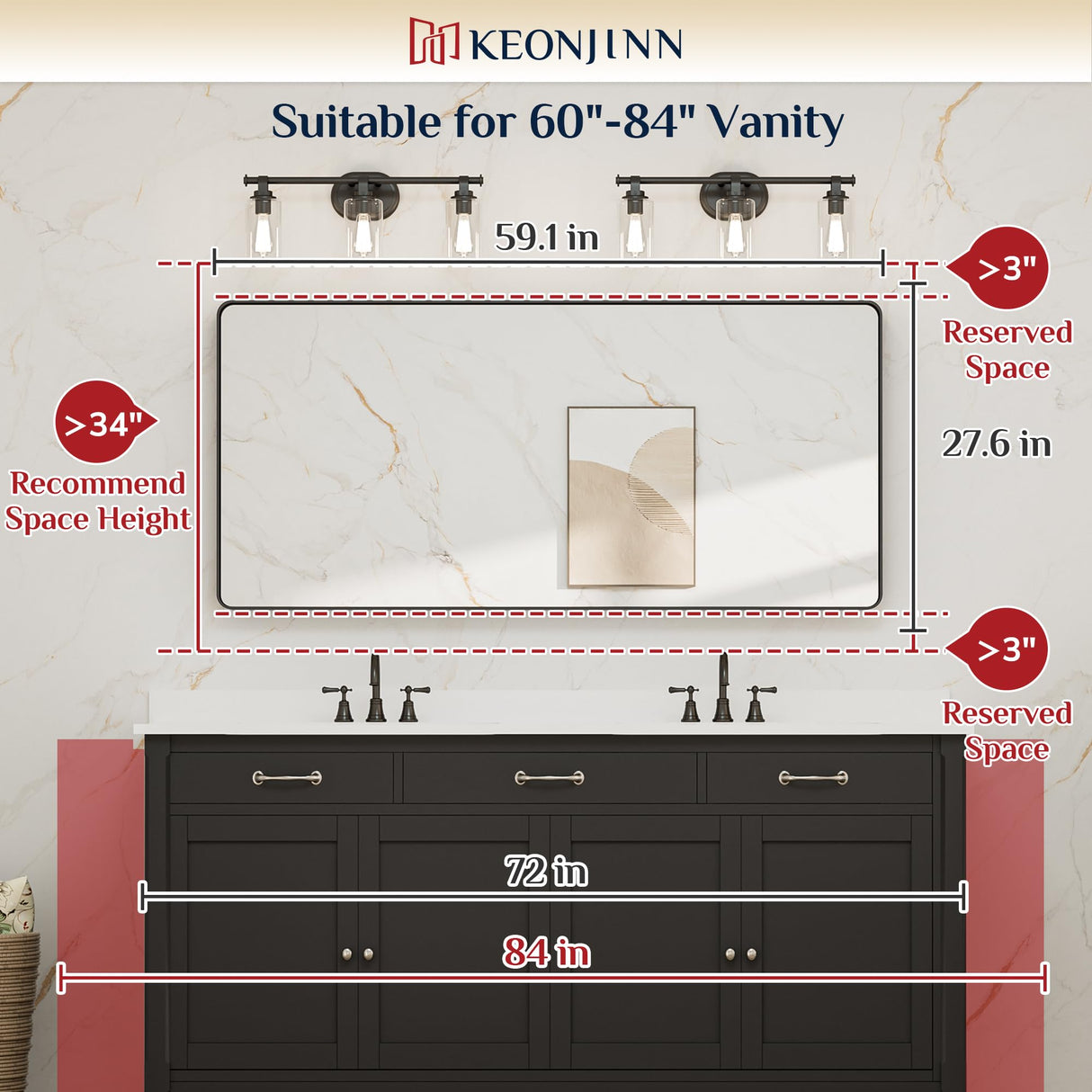 Keonjinn Black Metal Framed Bathroom Mirrors for Wall, 60” x 28” Large Rounded Rectangle Bathroom Vanity Mirror, Matte Black Modern Decorative Mirror, Anti-Rust, HD Tempered Glass(Horizontal/Vertical) Keonjinn