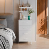 Fixwal 47 Inch Tall Nightstand with Charging Station, Led Night Stand with Socket, 4 PU Finished Fabric Storage Drawers, Office, Bedside Table & Bookshelf in One, White Fixwal