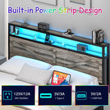 Full Size Bed Frame, Full Bed Frames with LED Lights and Charging Station, Farmhouse Platform Bed with Storage Headboard, Rustic Barn Door Design, Noise Free, No Box Spring Needed, Wash Grey CHABUILDREARK