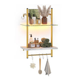 Bestier LED Floating Shelves for Wall, 15" Kitchen Shelves Wall Mounted 2 Tier Shelf with Tower Bar ＆ 6 S-Hooks, Pipe Hanging Shelves Wall Decor for Bathroom Bedroom, White Marble Bestier