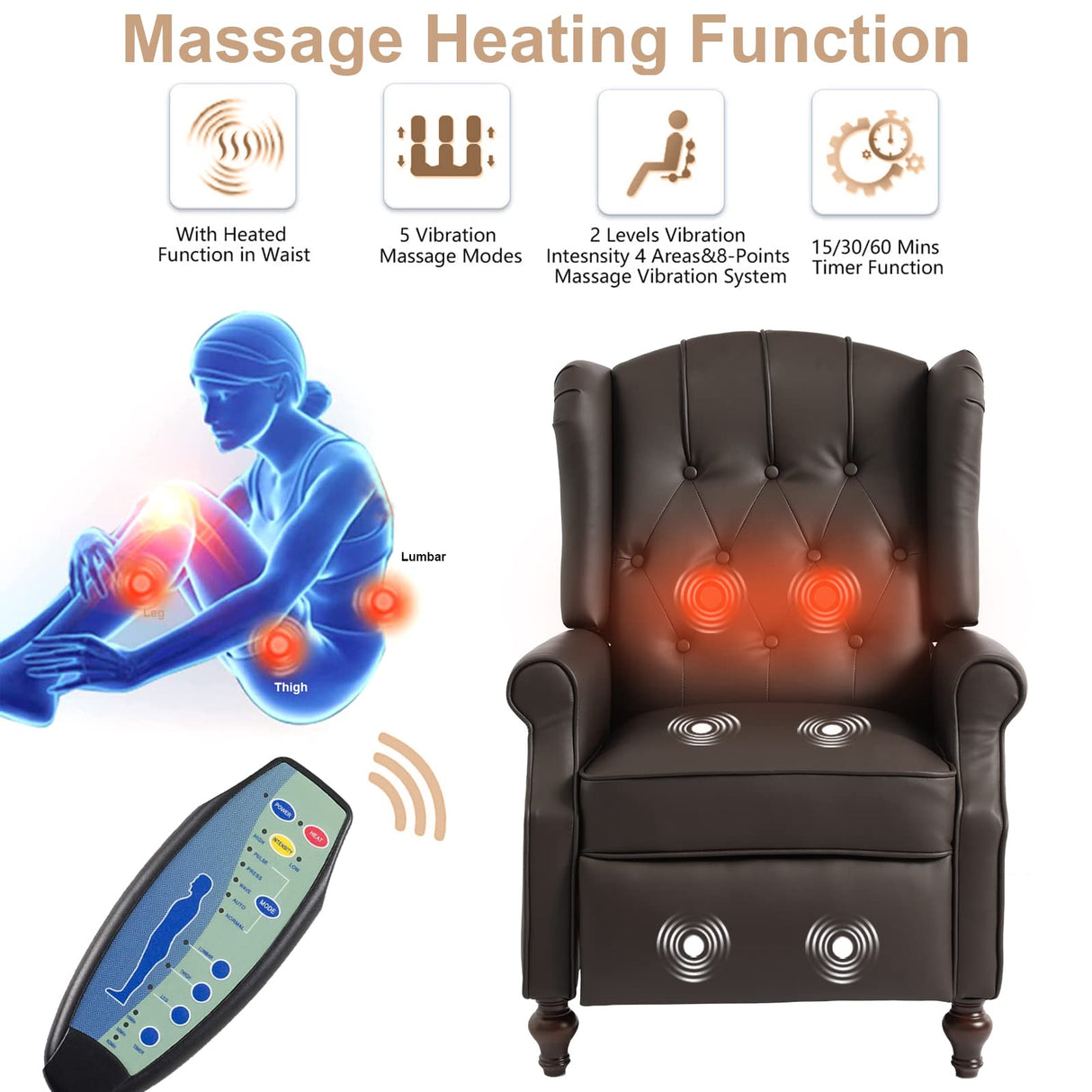 IPKIG Wingback Pushback Recliner Chair - Mid Century Recliner Armchair with Massage and Heat, Rivet Decoration, Button-Tufted Back, Solid Wood Legs for Living Room, Bedroom, Office(Brown) IPKIG