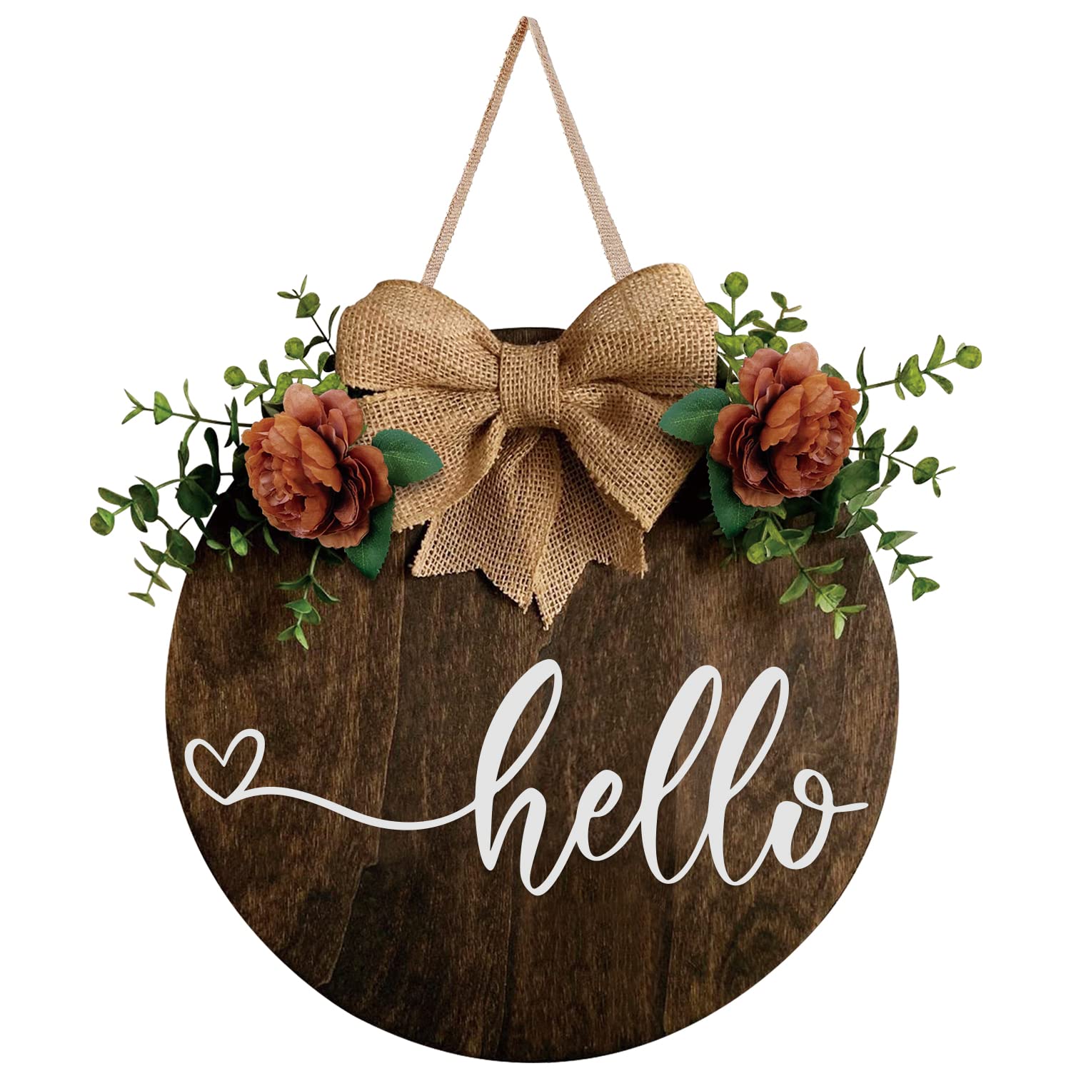 Wood Round Hello Welcome Wreath Sign Hanging Decoration Front Door, Farmhouse Porch Sign and Artificial Green Plant, Rural Outdoor Decor New House Relocation Gift - WoodArtSupply