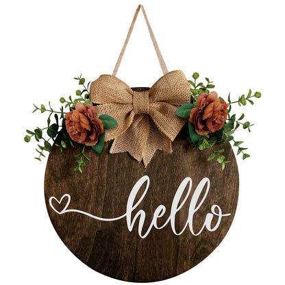 Wood Round Hello Welcome Wreath Sign Hanging Decoration Front Door, Farmhouse Porch Sign and Artificial Green Plant, Rural Outdoor Decor New House Relocation Gift - WoodArtSupply