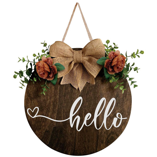 Wood Round Hello Welcome Wreath Sign Hanging Decoration Front Door, Farmhouse Porch Sign and Artificial Green Plant, Rural Outdoor Decor New House Relocation Gift - WoodArtSupply