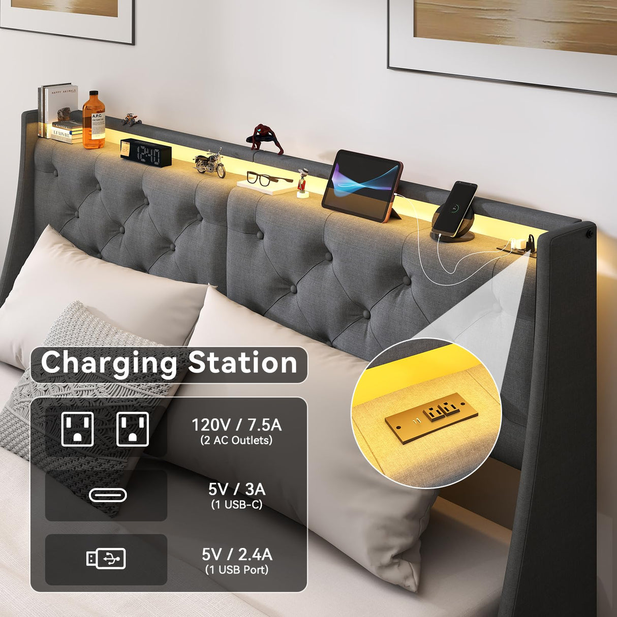 SADENICEL King Size Bed Frame with Storage Headboard, Metal Platform Bed Frame King with 4 Drawer, LED Light, Charging Station, No Box Spring Needed, Noise Free, Easy Assembly, Grey SADENICEL