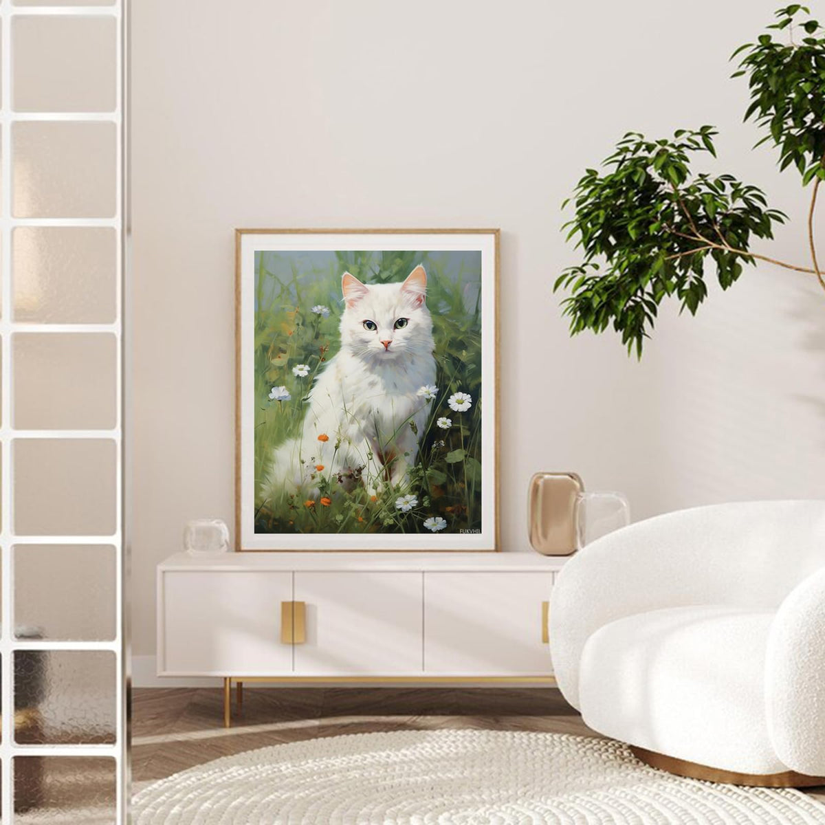 FUKVHIL Paint by Number Kits White Cat Among Flowers Canvas DIY Oil Painting for Adults Beginner with Brushes and Acrylic Pigment 16x 20inch (Without Frame) FUKVHIL