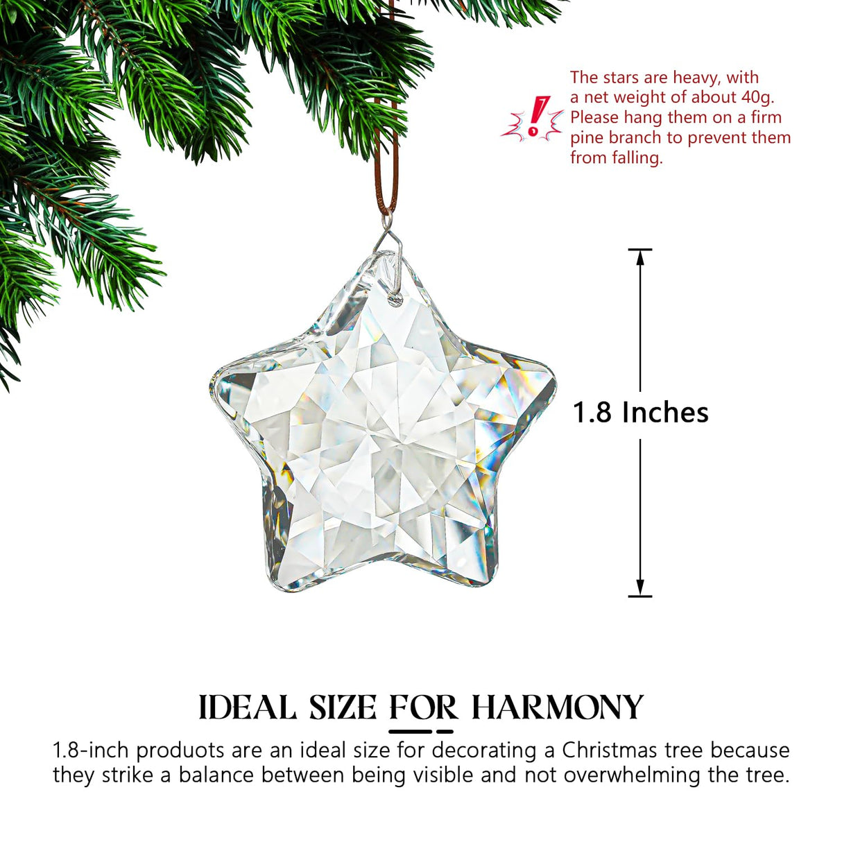 H&D HYALINE & DORA Set of 6 Crystal Glass Christmas Ornaments Clear Faceted Glass Christmas Star Crystal Hanging Ornaments for Xmas Tree Winter New Year Party Supplies H&D HYALINE & DORA