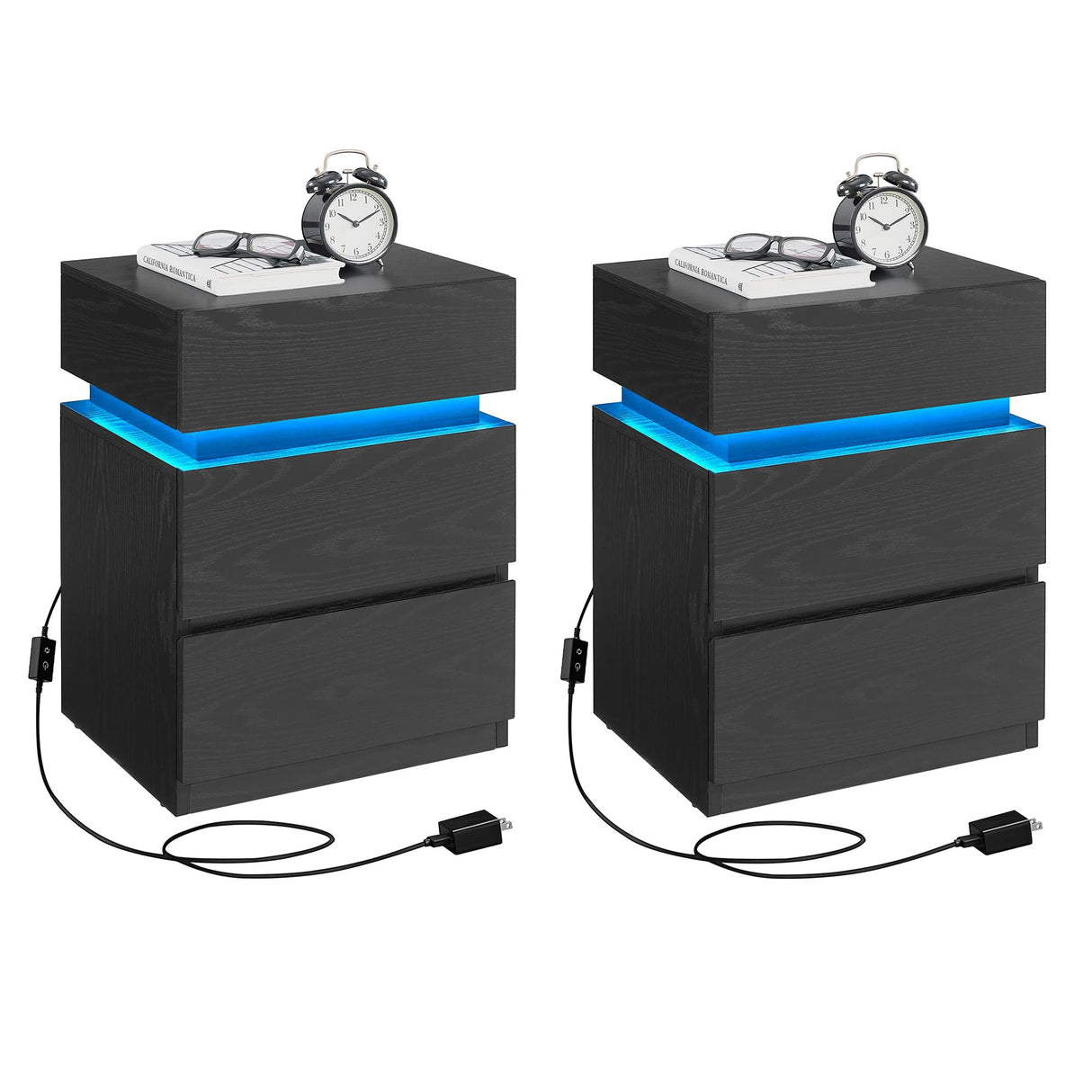 VASAGLE Nightstands with LED Lights, Set of 2, Adjustable Light Colors, Bedside Tables, Side Tables with 3 Drawers, Modern Style, 13.8 x 15.7 x 21.7 Inches, Ebony Black ULET799T58 VASAGLE