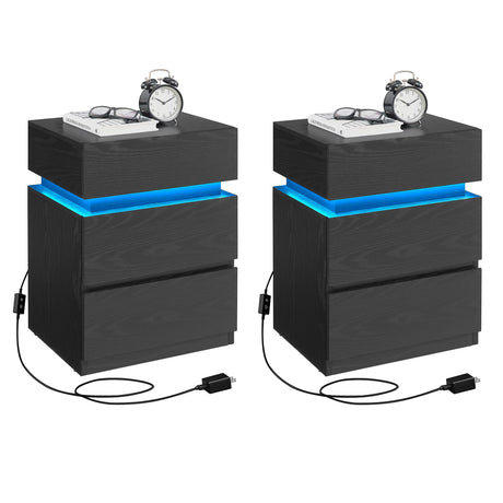 VASAGLE Nightstands with LED Lights, Set of 2, Adjustable Light Colors, Bedside Tables, Side Tables with 3 Drawers, Modern Style, 13.8 x 15.7 x 21.7 Inches, Ebony Black ULET799T58 VASAGLE