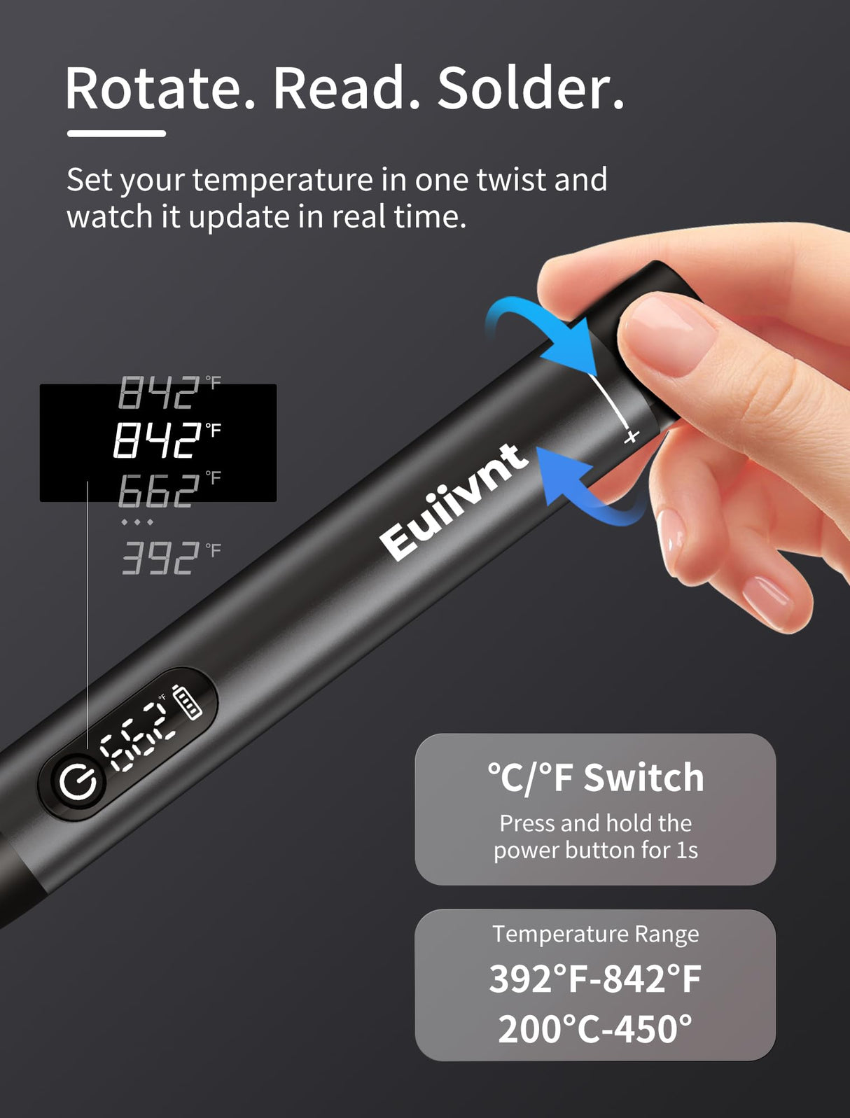 Cordless Soldering Iron Kit - 12s Rapid Heat USB-C Portable Rechargeable Soldering Iron with LED Screen, Gravity Sensor, 3 C210 Tips & Metal Stand for Electronics Repair, DIY Euiivnt