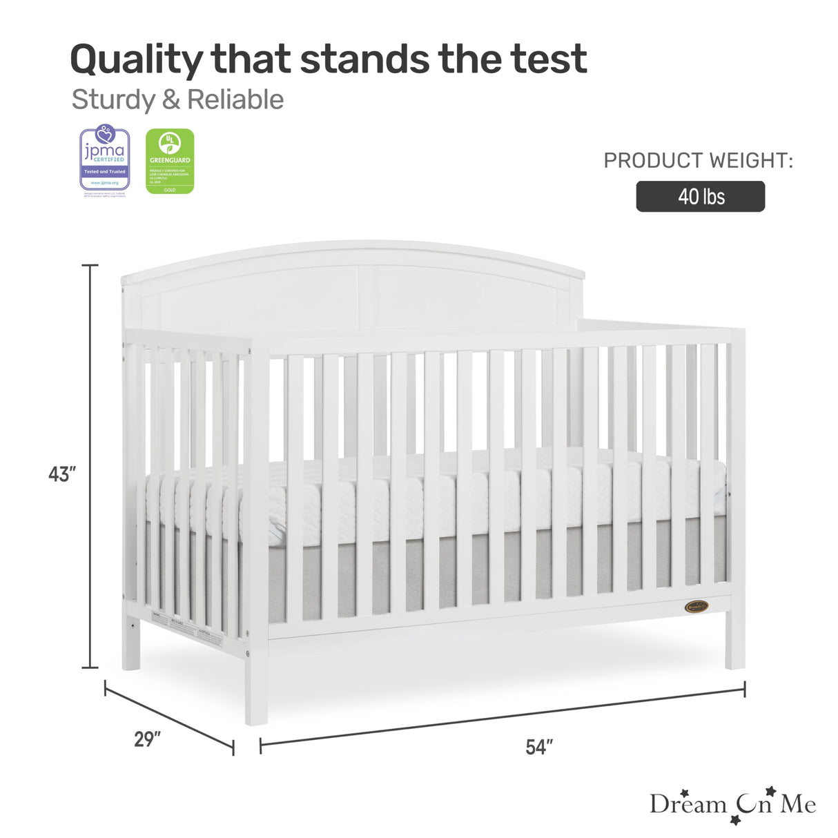 EVOLUR Dream On Me Storybrooke 5 in 1 Convertible Crib in White, JPMA & Greenguard Gold Certified,Built of Sustainable Pinewood, 3 Mattress Height Settings, Non-Toxic Water-Based Paint Finish Dream On Me