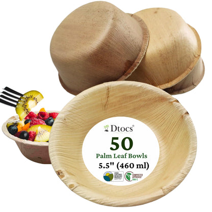 Dtocs 5.5 Inch Round Palm Leaf Bowls Set (50) | 16 Oz Bamboo Bowls Disposable Like Sturdy, Leak Proof Compostable Bowls | Serving Bowls for Fruits, Cereals, Soup | Alternate to Plastic, Wooden Bowls