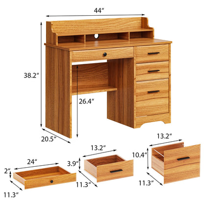 4 EVER WINNER Computer Desk with Drawers, 44 Inch Home Office Desk with Monitor Stand, Farmhouse Study Desk with Storage, Wood Desk with Drawers, Brown