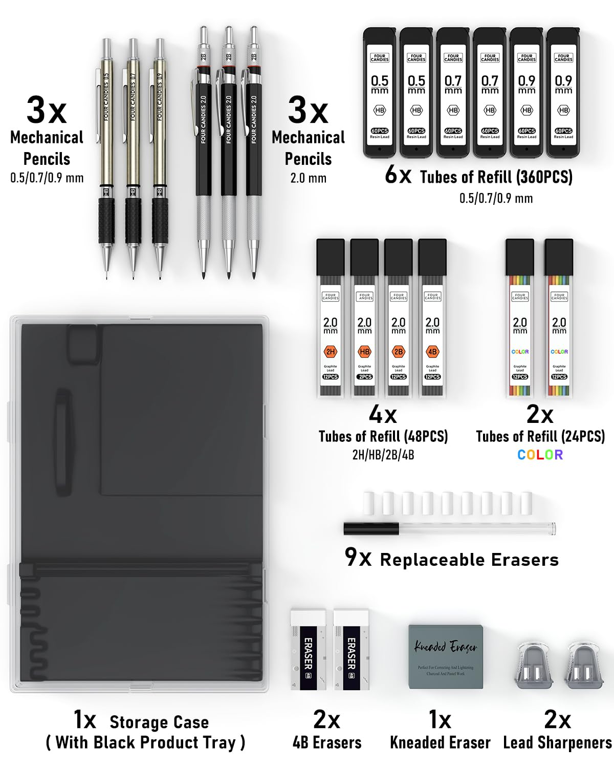 FourCandies 25PCS Art Mechanical Pencil Set with Case, 3PCS Metal Artist Lead Pencil 0.5, 0.7, 0.9 mm & 3PCS 2mm Lead Holder(HB 2H 2B 4B Color) with 432PCS Graphite Lead Refills for Drawing Sketching Four Candies