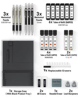 FourCandies 25PCS Art Mechanical Pencil Set with Case, 3PCS Metal Artist Lead Pencil 0.5, 0.7, 0.9 mm & 3PCS 2mm Lead Holder(HB 2H 2B 4B Color) with 432PCS Graphite Lead Refills for Drawing Sketching Four Candies