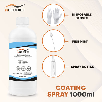 NGOODIEZ Sublimation Printing Bundle - 1000ml Quick Dry and Washable Sublimation Spray for All Garments + 250ml High Gloss Finish, Super Adhesive and Waterproof Sublimation Coating for Mugs