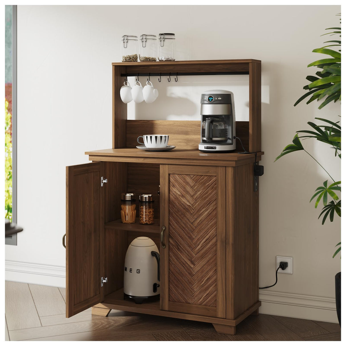 JOINICE Farmhouse Coffee Bar Cabinet with Storage,31.5" Kitchen Cabinet with Hooks and Charging Station,Coffee Station with Adjustable Shelf and Hutch,Sideboard for Living Dining Room JOINICE