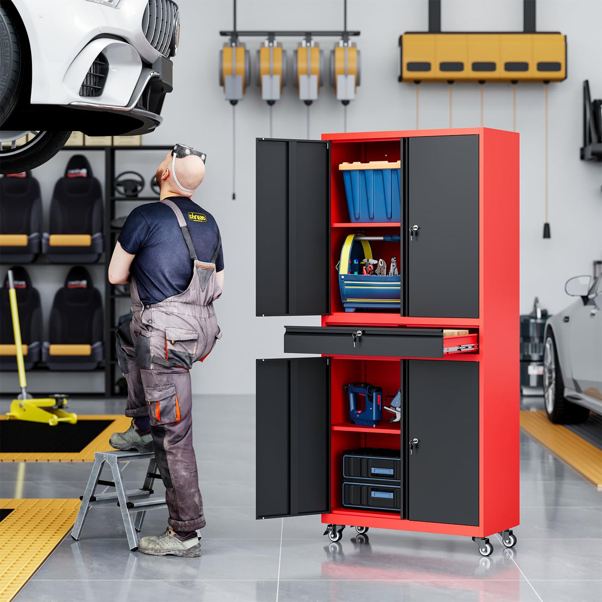 Yizosh Metal Garage Storage Cabinet with Locking Doors and Adjustable Shelves, Rolling Tool Storage Cabinet with 4 Wheels and 1 Drawer - 73" Steel Locking Cabinet for Garage, Warehouse (Red Black) Yizosh